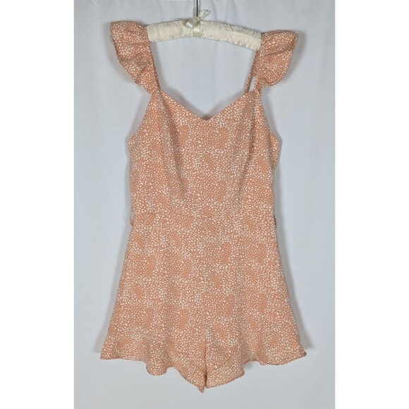 She + Sky Romper S Women's Orange Speckle Print Ruffle Strap Shorts One Piece - Picture 2 of 9